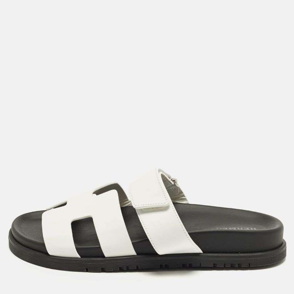Hermes Chypre Size 37.5 White Leather Flat Slide